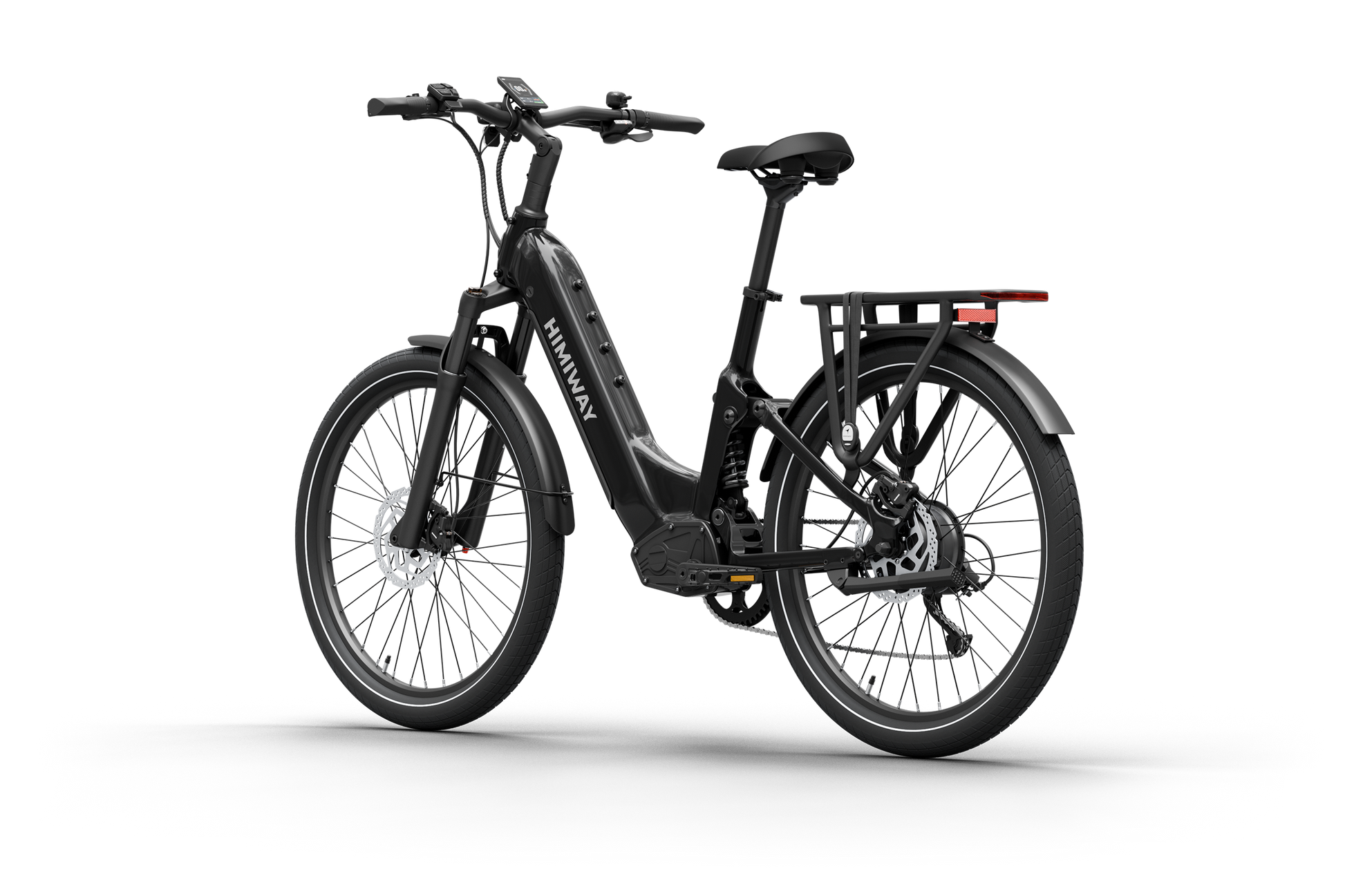 The Himiway A7 Electric Bike, in elegant black, boasts a frame-integrated long-range battery, large wheels, and a rear cargo rack. Its robust 500W hub motor guarantees a smooth ride for all adventures.