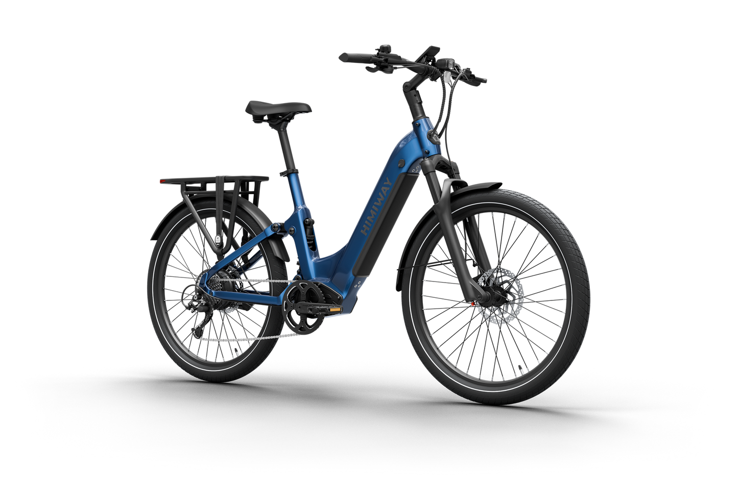 The Himiway A7 by Himiway boasts a striking blue frame, front suspension fork, rear cargo rack, disc brakes, wide tires, and a 500W hub motor for enhanced stability and performance on any ride.