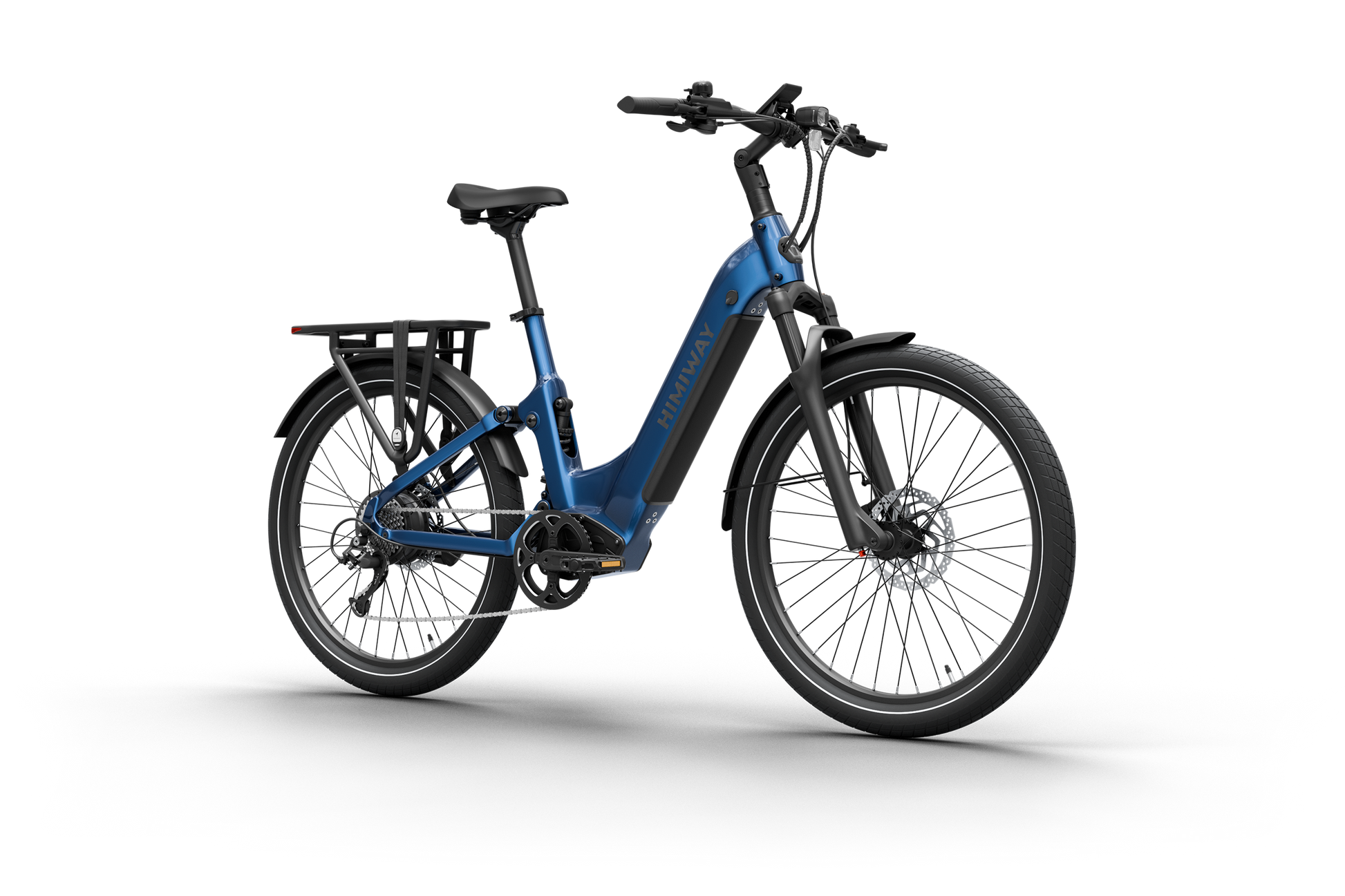 The Himiway A7 by Himiway boasts a striking blue frame, front suspension fork, rear cargo rack, disc brakes, wide tires, and a 500W hub motor for enhanced stability and performance on any ride.