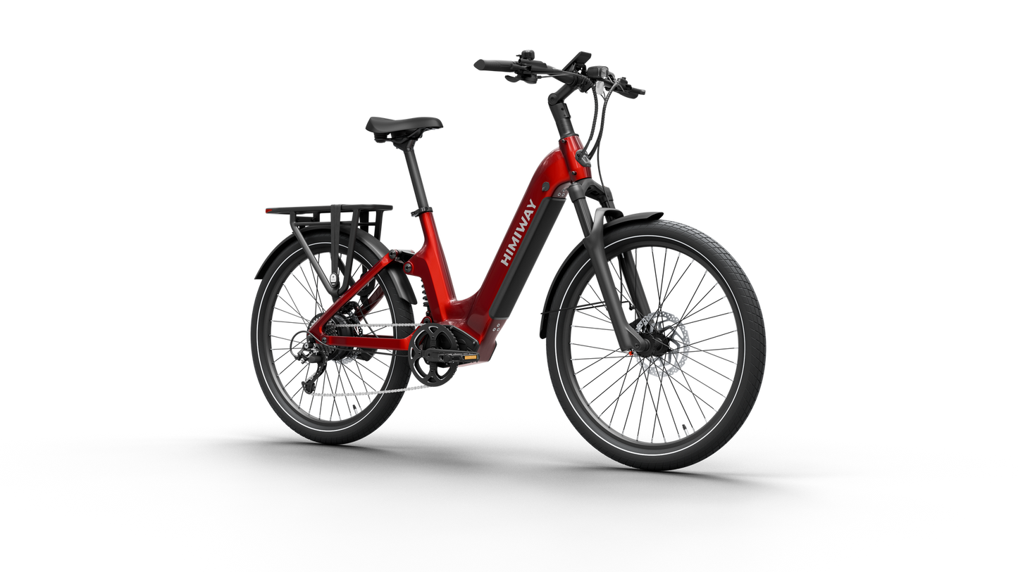 The Himiway A7 Electric Bike in red boasts a step-through frame, long-range battery, and 500W hub motor. Designed with a rear cargo rack and disc brakes, it's elegantly displayed against a white background.