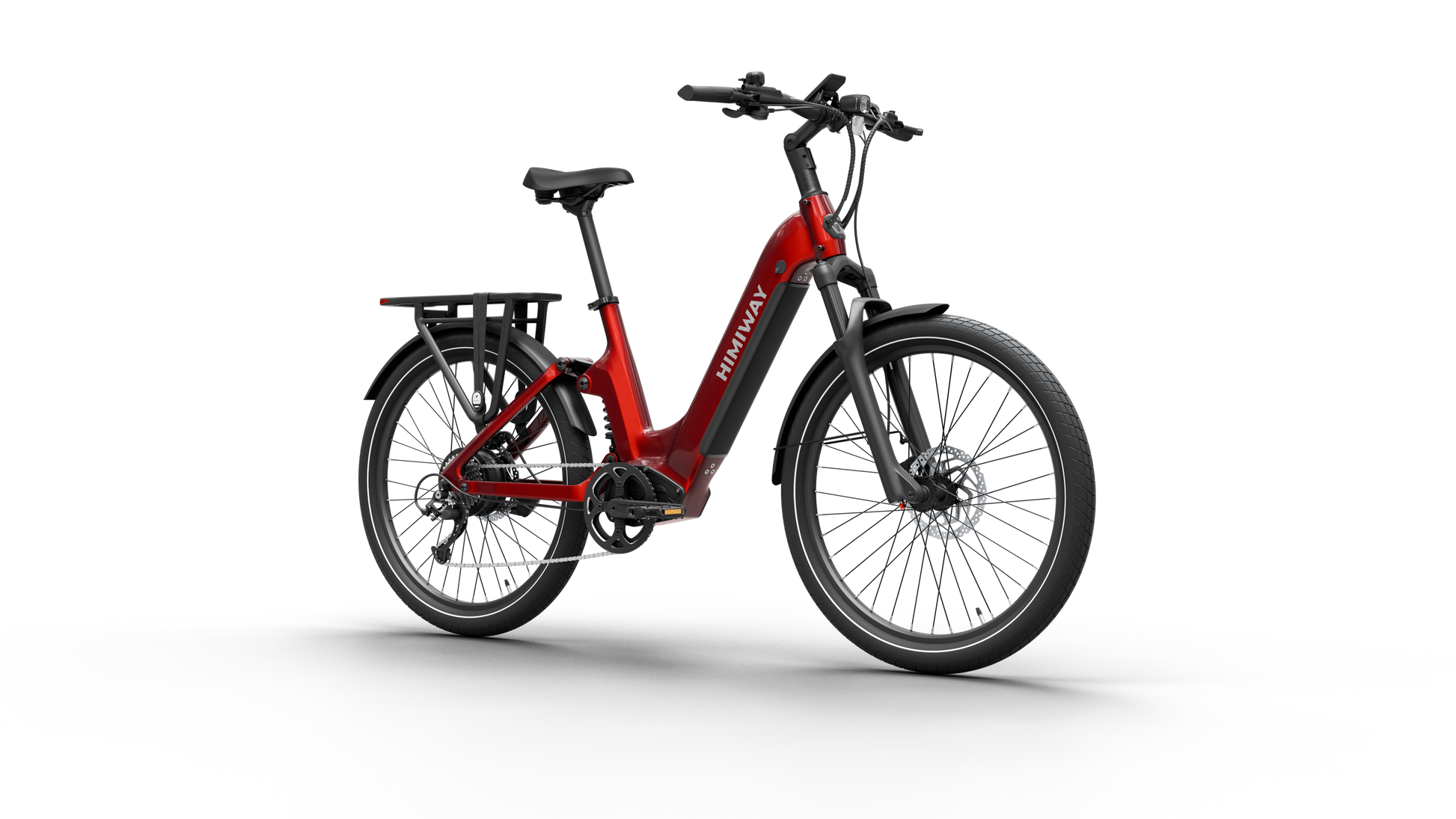 The Himiway A7 Electric Bike in red boasts a step-through frame, long-range battery, and 500W hub motor. Designed with a rear cargo rack and disc brakes, it's elegantly displayed against a white background.