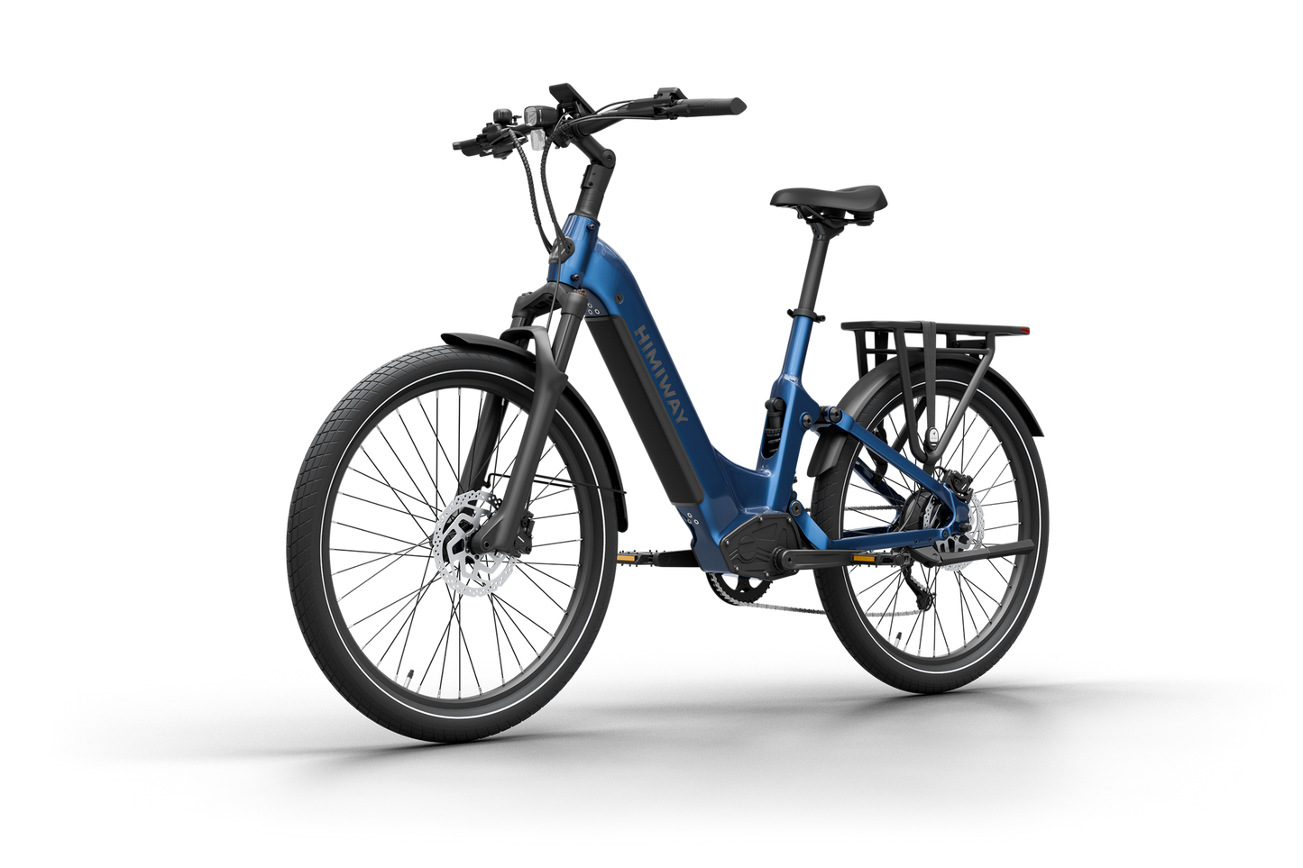 Discover the Himiway - A7 Electric Bike in vibrant blue. It features a sleek design, 500W hub motor, disc brakes, and a rear rack. Set against a plain white background, this bike offers style and efficiency for long-distance rides.