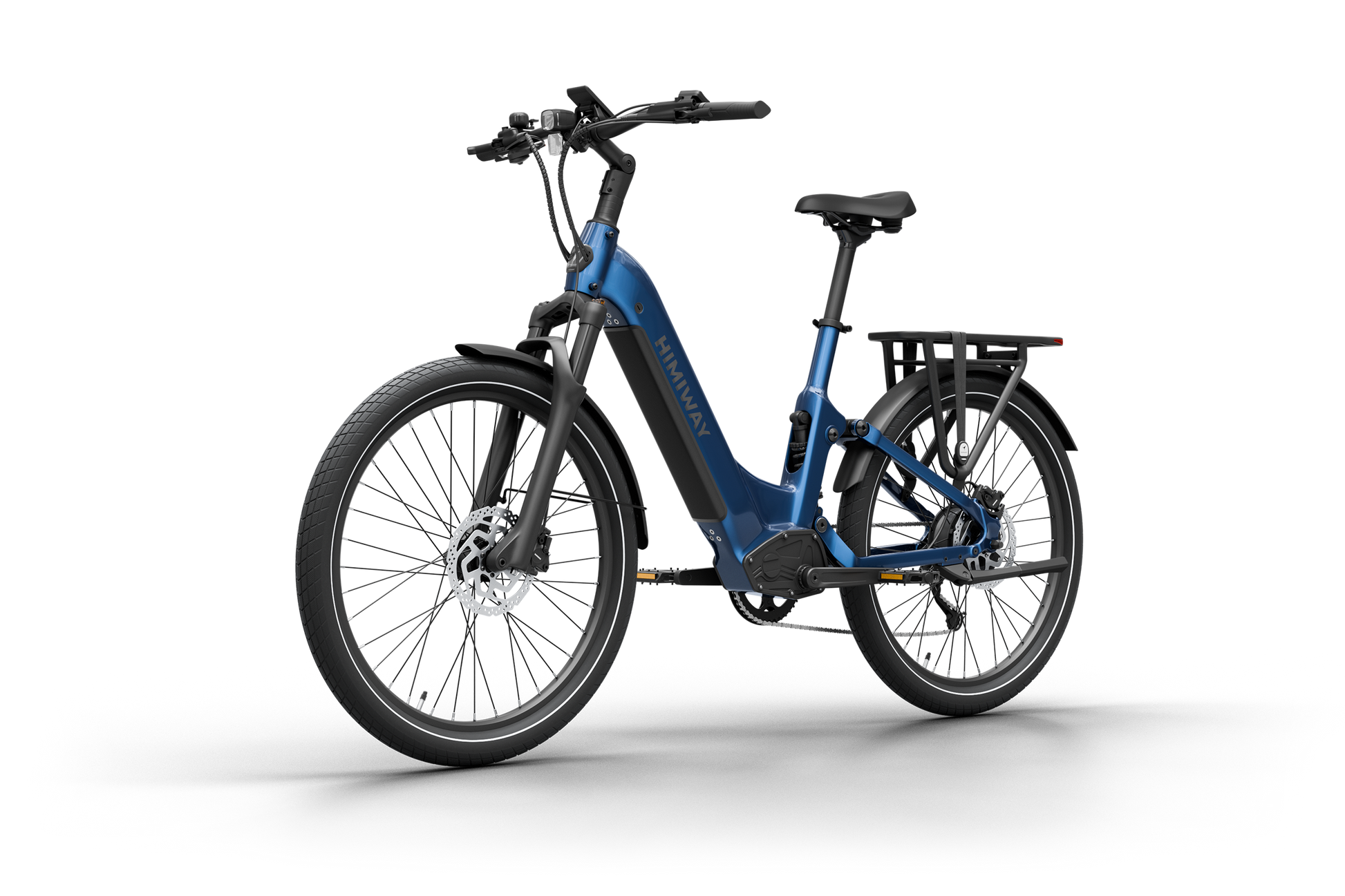 Discover the Himiway - A7 Electric Bike in vibrant blue. It features a sleek design, 500W hub motor, disc brakes, and a rear rack. Set against a plain white background, this bike offers style and efficiency for long-distance rides.