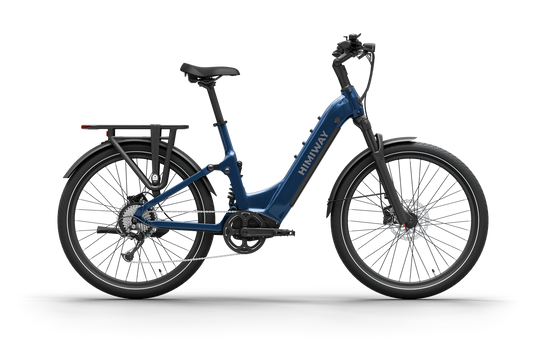 The Himiway - A7 by Himiway features a striking blue step-through design with a powerful 500W hub motor, disc brakes, sturdy rear rack, suspension fork, and long-range battery for seamless rides.