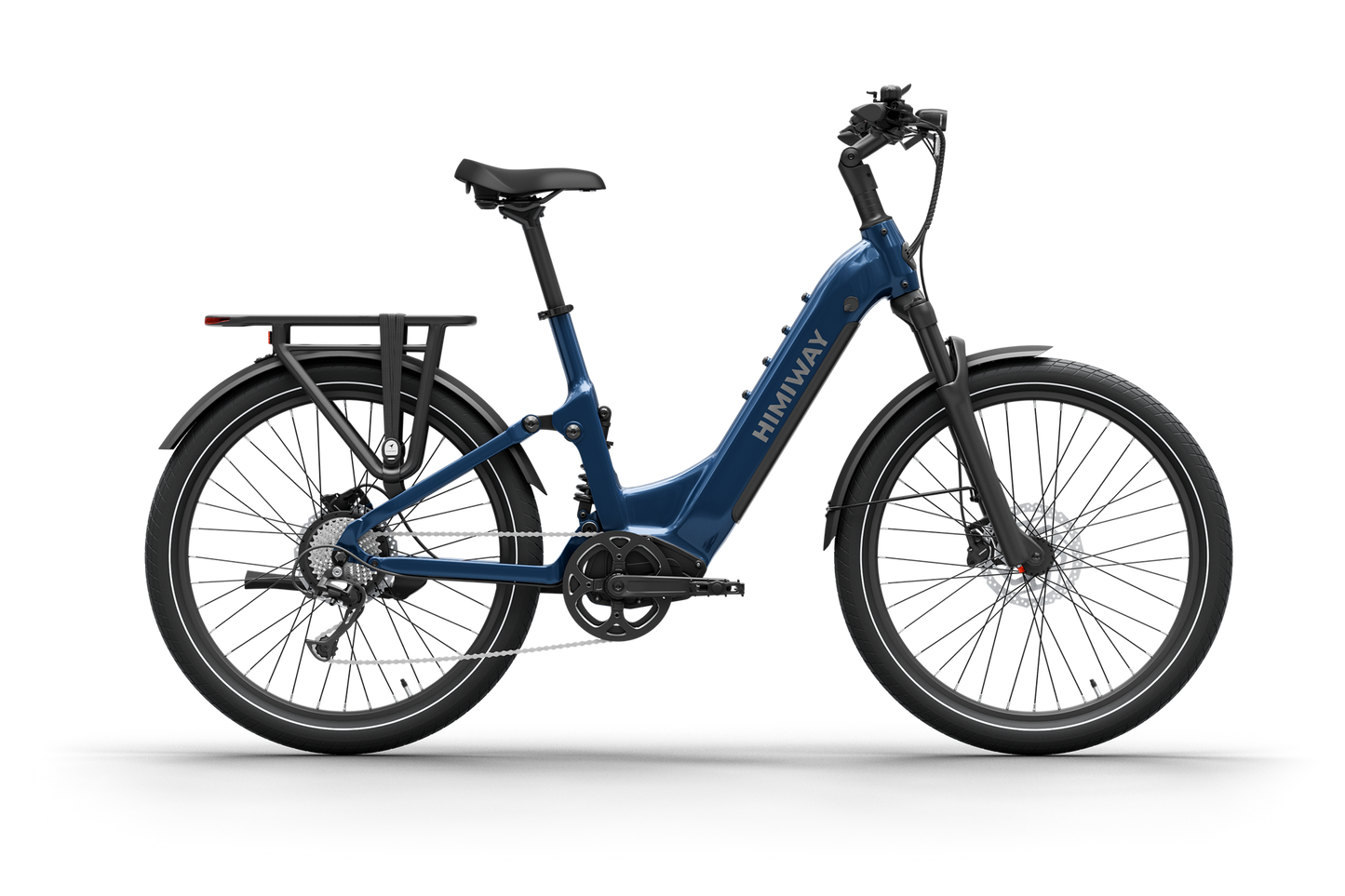 The Himiway - A7 by Himiway features a striking blue step-through design with a powerful 500W hub motor, disc brakes, sturdy rear rack, suspension fork, and long-range battery for seamless rides.