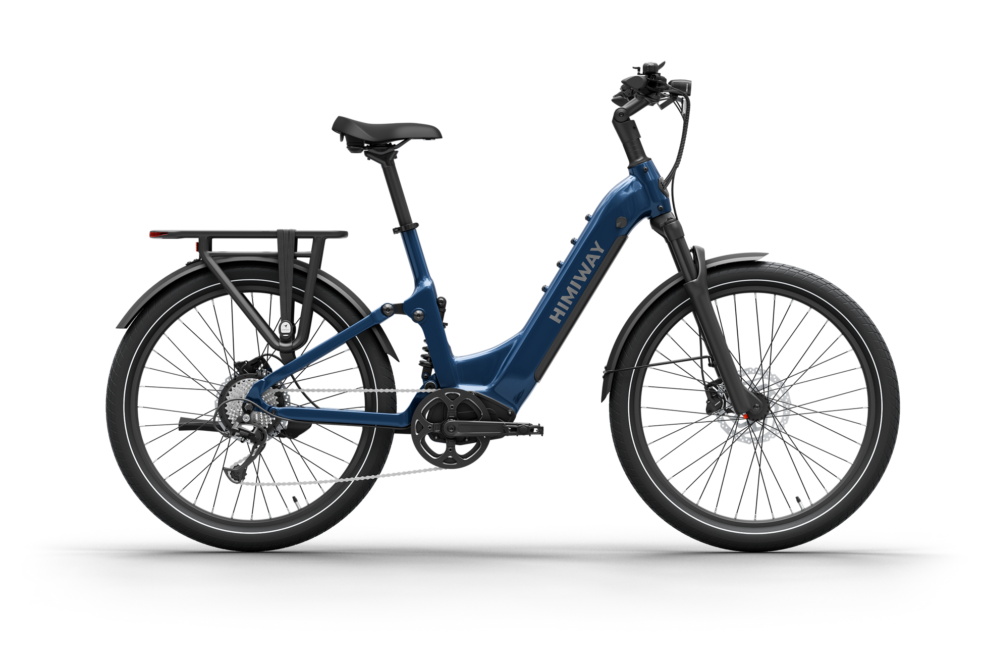 The Himiway - A7 by Himiway features a striking blue step-through design with a powerful 500W hub motor, disc brakes, sturdy rear rack, suspension fork, and long-range battery for seamless rides.