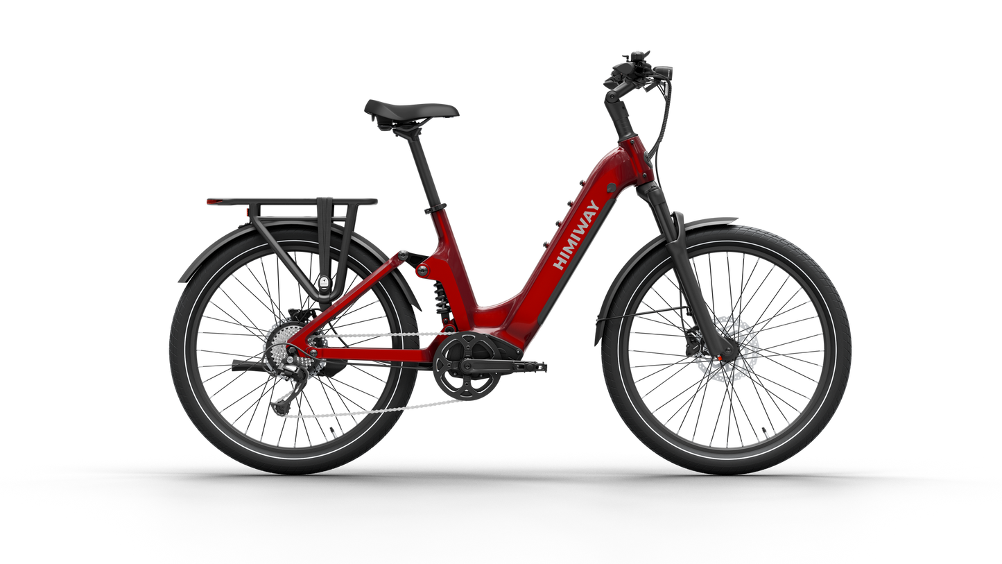 The Himiway A7 from Himiway, striking in red with fat tires, includes a step-through frame and rear rack. It features a 500W hub motor and long-range battery for exciting adventures, all presented on a clean white background.