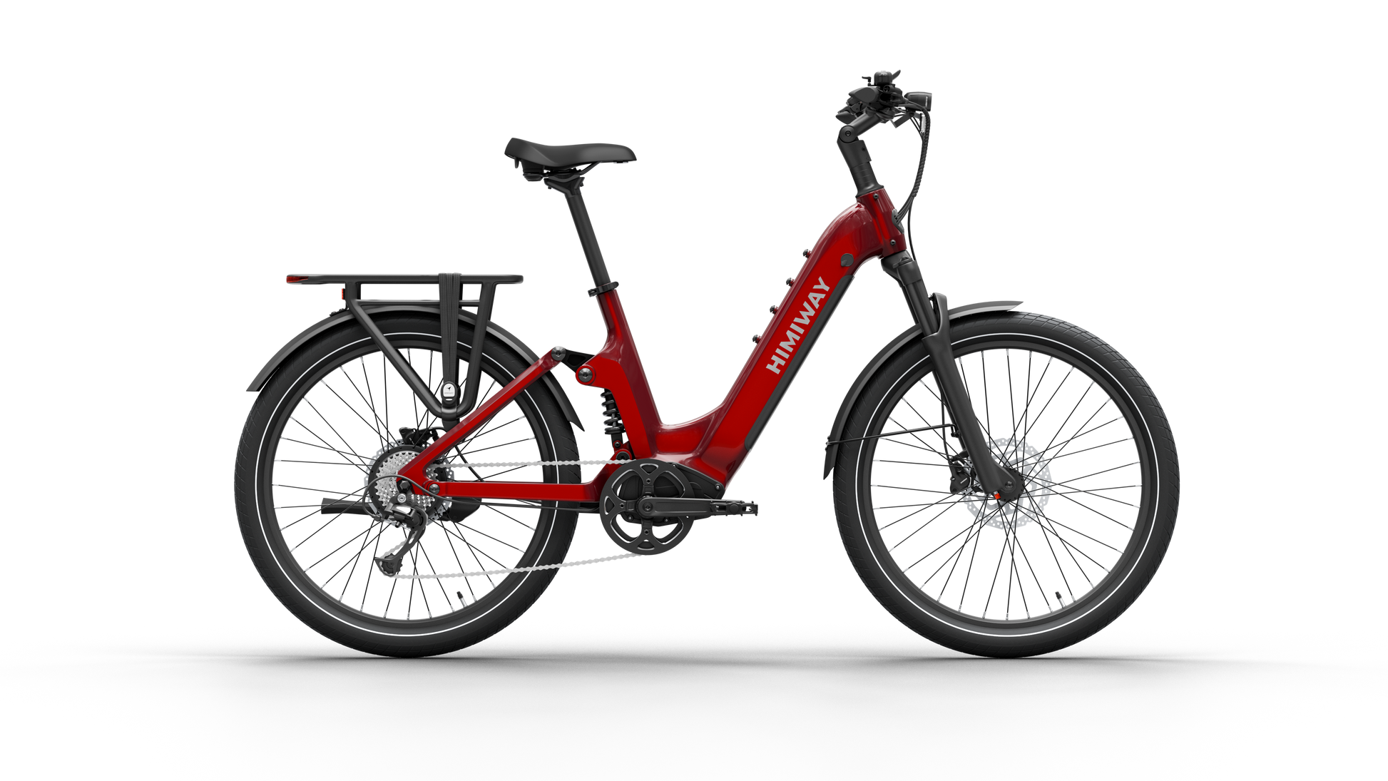 The Himiway A7 from Himiway, striking in red with fat tires, includes a step-through frame and rear rack. It features a 500W hub motor and long-range battery for exciting adventures, all presented on a clean white background.