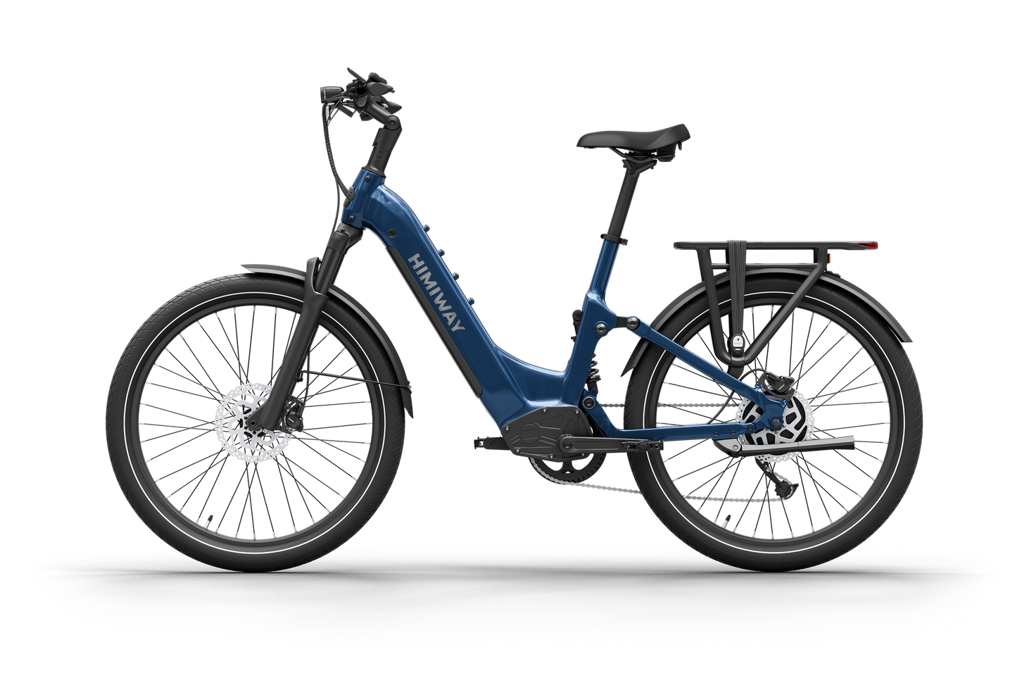 The Himiway - A7 Electric Bike boasts a blue step-through frame, rear rack, and front suspension fork. Its 500W hub motor and long-range battery offer smooth rides on any adventure, highlighted on a white background.