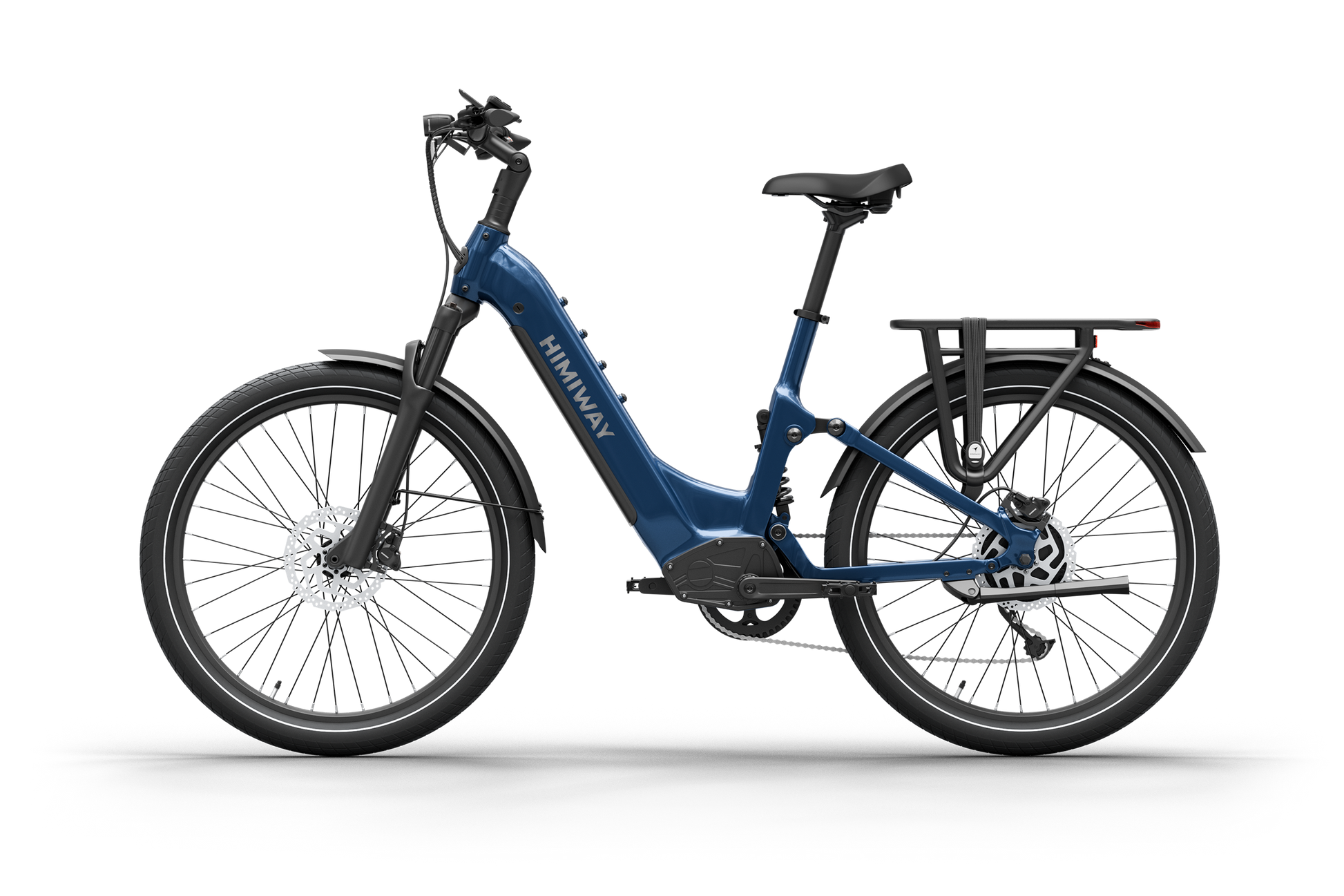 The Himiway - A7 Electric Bike boasts a blue step-through frame, rear rack, and front suspension fork. Its 500W hub motor and long-range battery offer smooth rides on any adventure, highlighted on a white background.