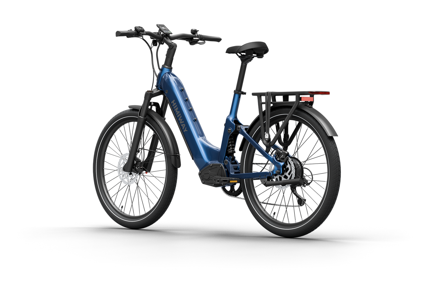 The Himiway - A7 by Himiway is a blue step-through electric bike with front and rear fenders, disc brakes, and a rear cargo rack. Its 500W hub motor guarantees efficiency, while the long-range battery enables extended exploration without worry.