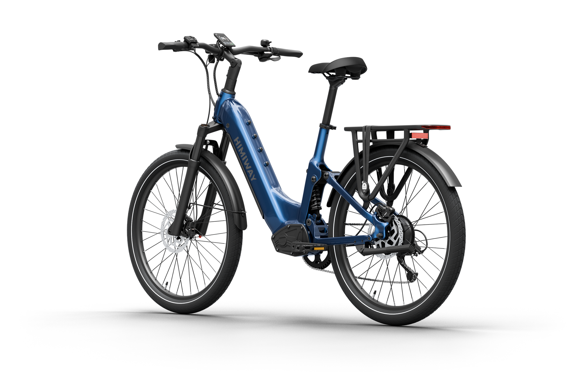 The Himiway - A7 by Himiway is a blue step-through electric bike with front and rear fenders, disc brakes, and a rear cargo rack. Its 500W hub motor guarantees efficiency, while the long-range battery enables extended exploration without worry.