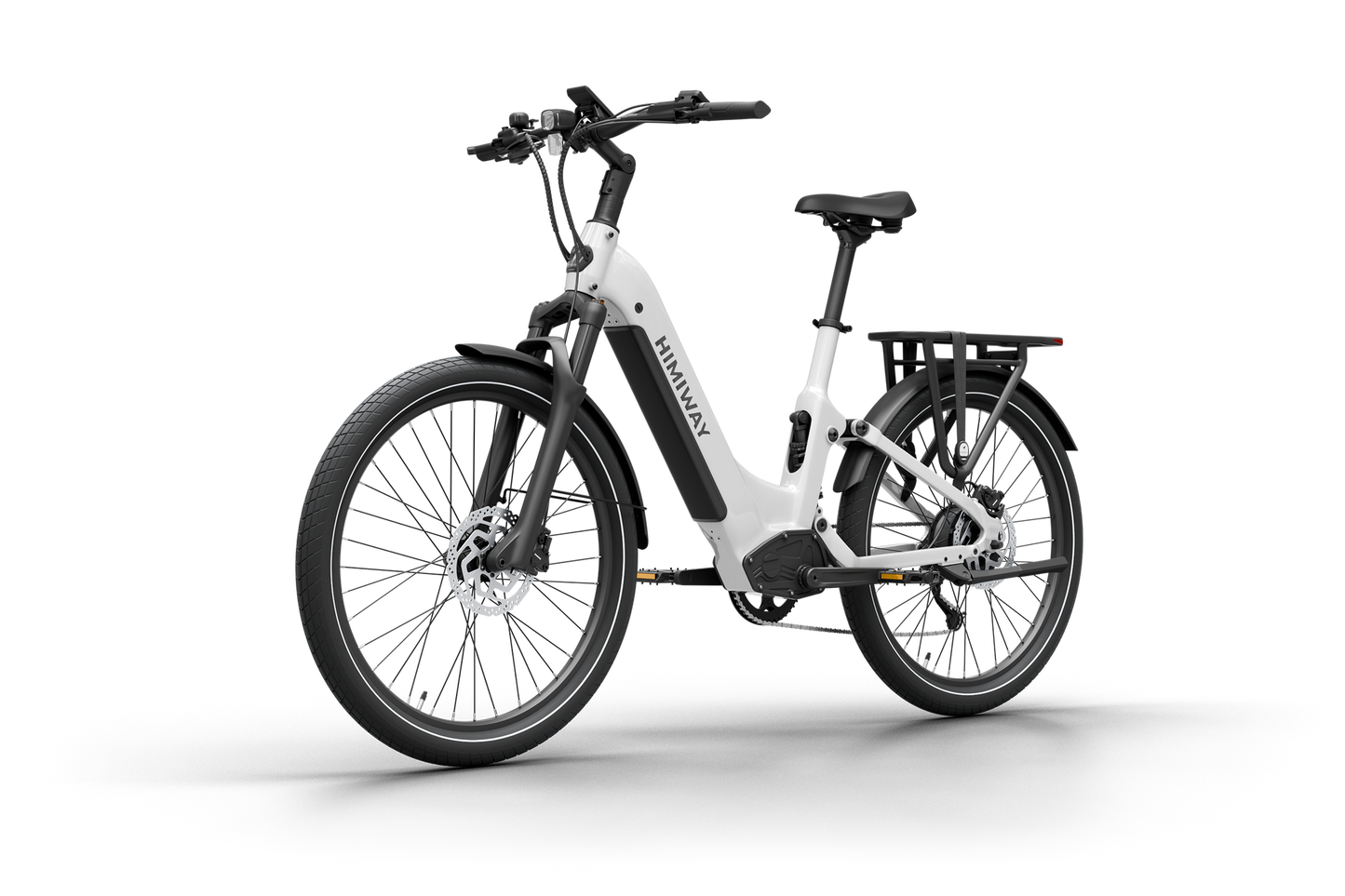 The Himiway - A7 Electric Bike boasts a step-through frame, front suspension, disc brakes, rear rack, and wide tires. Powered by a 500W hub motor with a long-range battery for smooth rides, it highlights its brand name on its white frame.