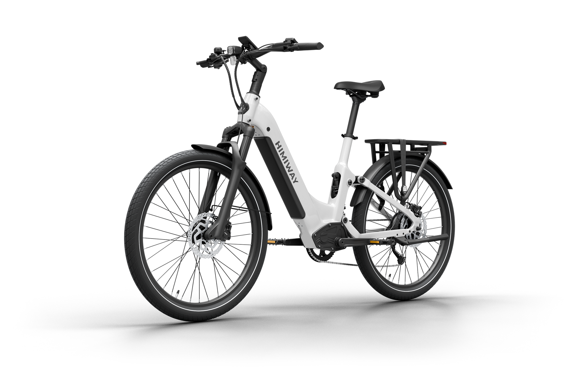 The Himiway - A7 Electric Bike boasts a step-through frame, front suspension, disc brakes, rear rack, and wide tires. Powered by a 500W hub motor with a long-range battery for smooth rides, it highlights its brand name on its white frame.