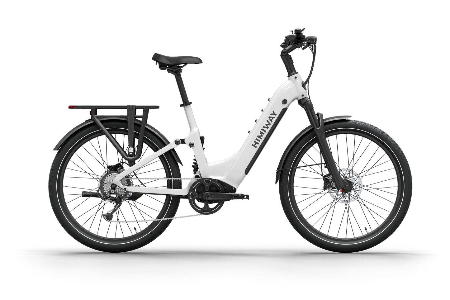 The Himiway - A7 features a stylish white step-through frame with black wheels and the "Himiway" logo, a rear rack, disc brakes, and a robust 500W hub motor with a long-range battery for extended travels.