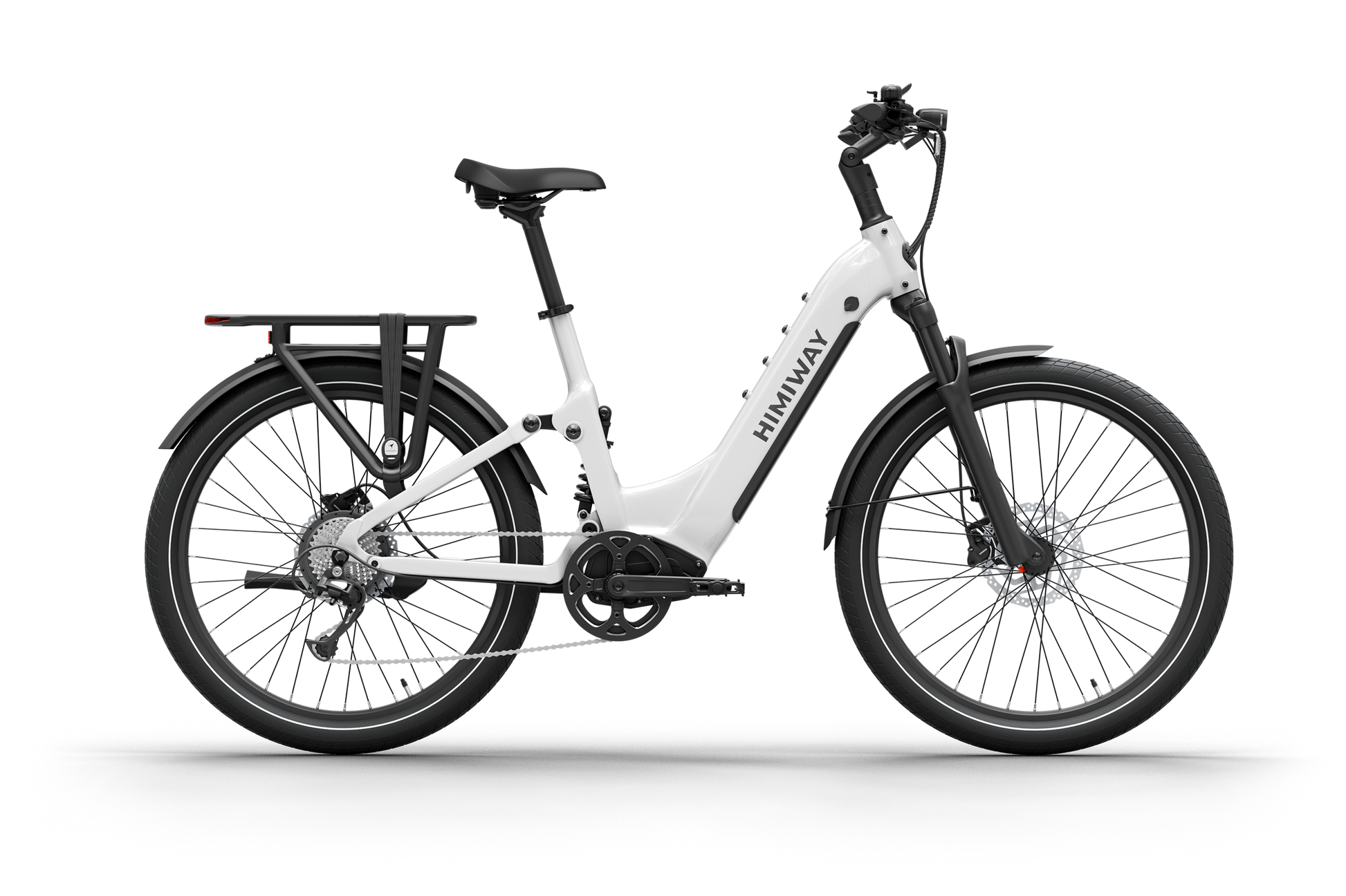 The Himiway - A7 features a stylish white step-through frame with black wheels and the "Himiway" logo, a rear rack, disc brakes, and a robust 500W hub motor with a long-range battery for extended travels.