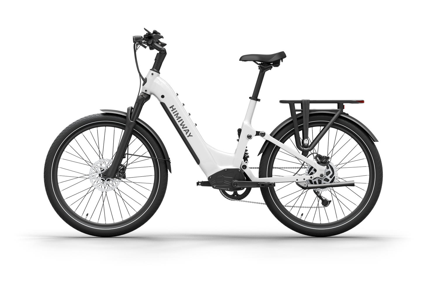 The Himiway A7 Electric Bike features a sleek side view with a low-step frame, disc brakes, hub motor, black rear rack, and a long-range battery—all promising smooth rides in stylish white.