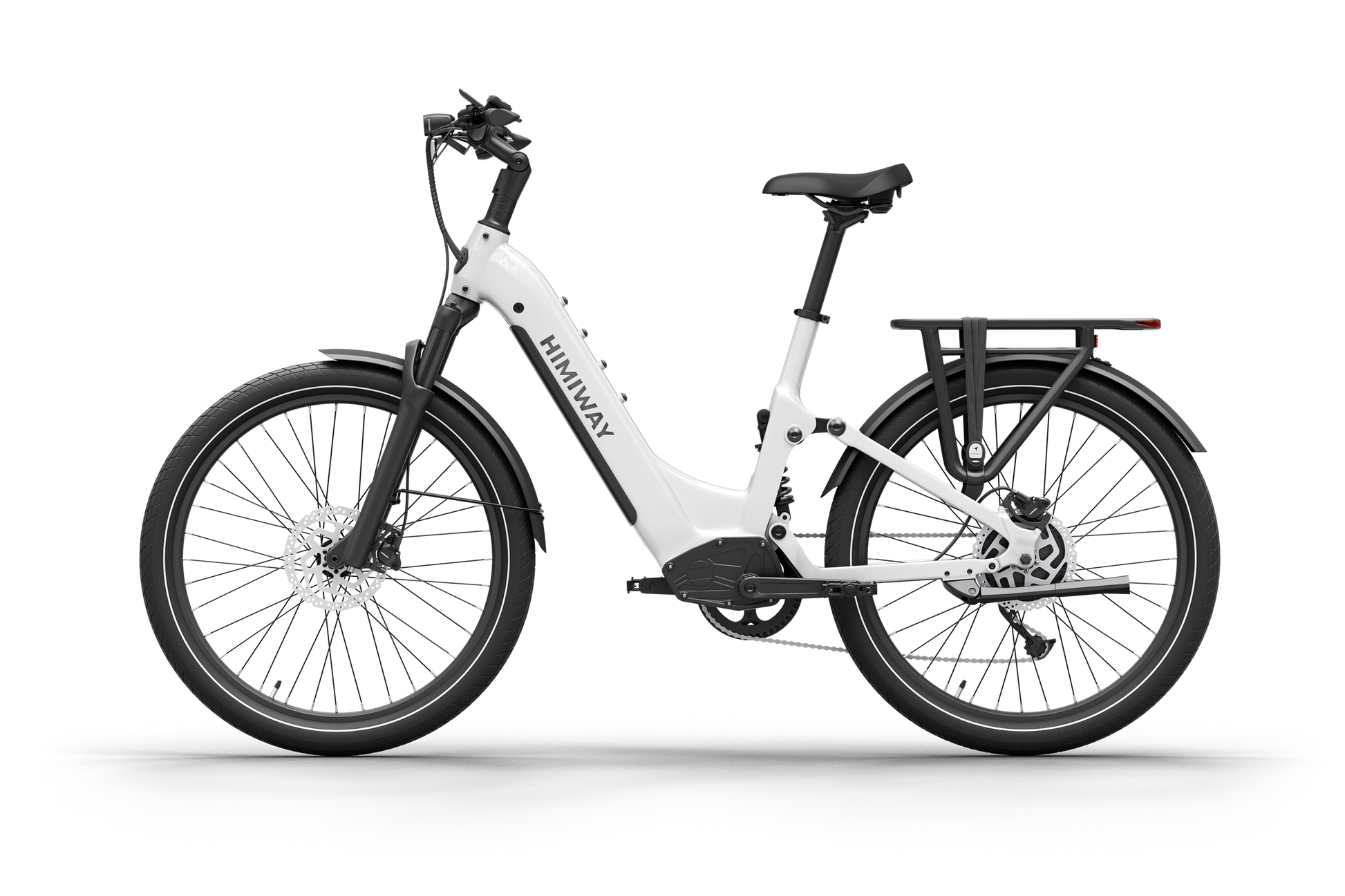 The Himiway A7 Electric Bike features a sleek side view with a low-step frame, disc brakes, hub motor, black rear rack, and a long-range battery—all promising smooth rides in stylish white.