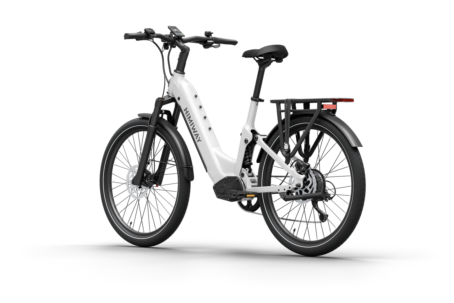 The sleek white Himiway - A7 Electric Bike, with a hub motor and long-range battery, is against a plain backdrop. It features a step-through frame, rear rack, and disc brakes for enhanced convenience and safety.