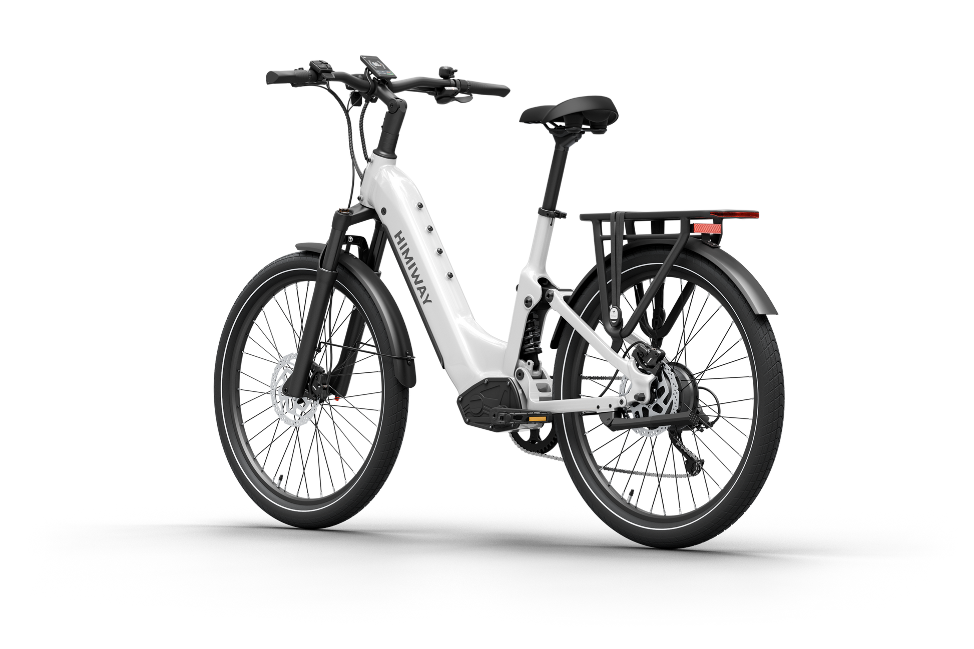 The sleek white Himiway - A7 Electric Bike, with a hub motor and long-range battery, is against a plain backdrop. It features a step-through frame, rear rack, and disc brakes for enhanced convenience and safety.