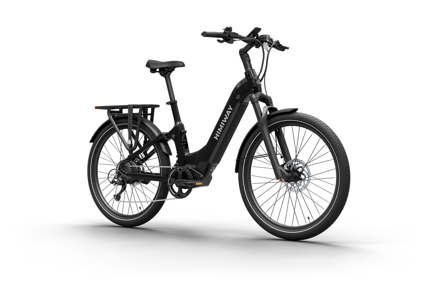 The Himiway A7 Electric Bike showcases a sleek black frame with the brand's logo, wide tires, sturdy rear rack, and disc brakes. It is equipped with a 500W hub motor and a long-range battery, ideal for extended adventures on versatile terrains.