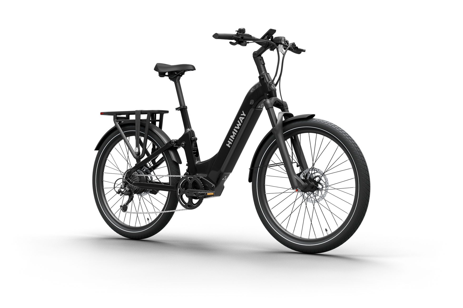 The Himiway A7 Electric Bike showcases a sleek black frame with the brand's logo, wide tires, sturdy rear rack, and disc brakes. It is equipped with a 500W hub motor and a long-range battery, ideal for extended adventures on versatile terrains.