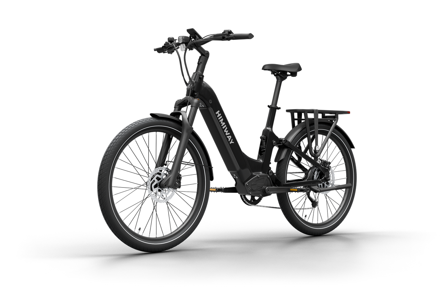 The Himiway A7 Electric Bike offers a sleek black step-through frame, 500W hub motor, front suspension fork, disc brakes, and rear cargo rack. Its long-range battery allows for extended rides with ease.