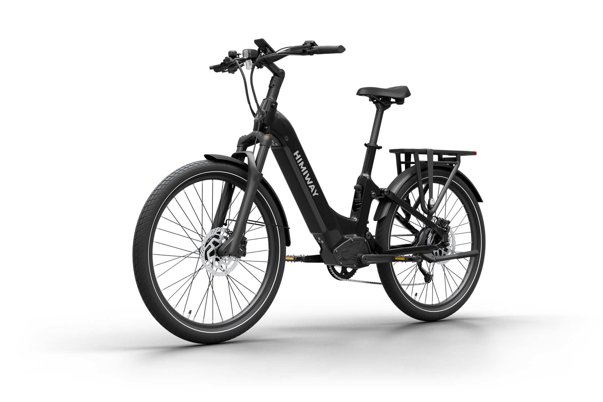 The Himiway A7 Electric Bike offers a sleek black step-through frame, 500W hub motor, front suspension fork, disc brakes, and rear cargo rack. Its long-range battery allows for extended rides with ease.