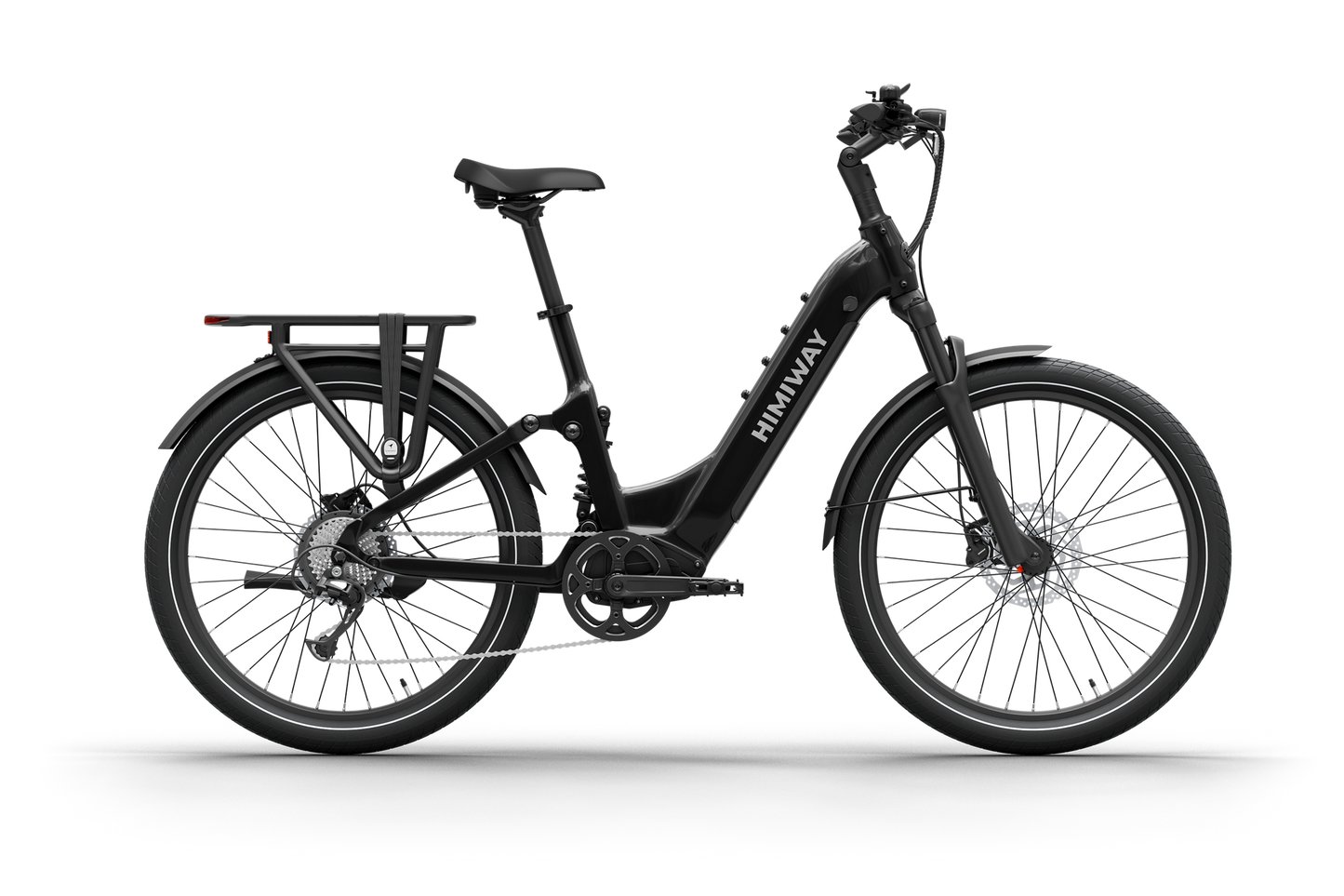 The Himiway - A7 Electric Bike boasts a stylish black frame, step-through design, rear rack, and is driven by a powerful 500W hub motor for smooth rides.