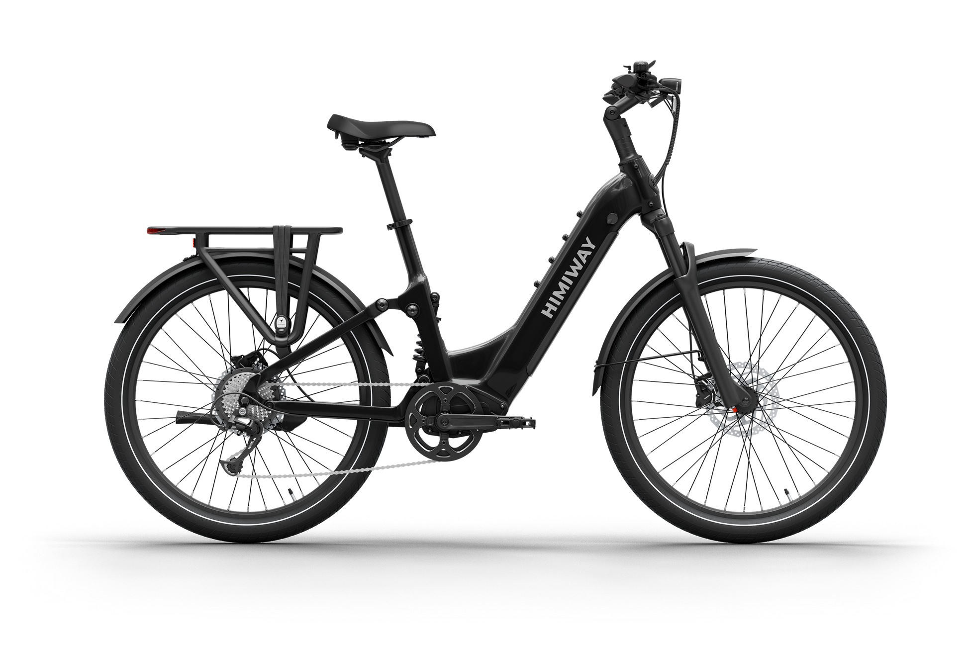 The Himiway - A7 Electric Bike boasts a stylish black frame, step-through design, rear rack, and is driven by a powerful 500W hub motor for smooth rides.