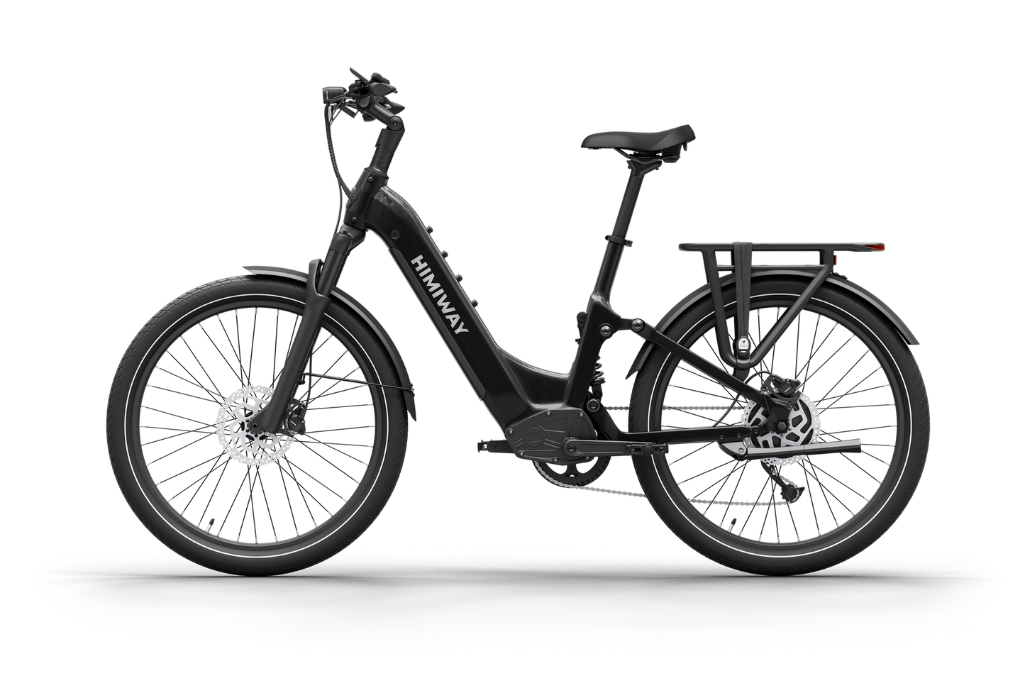 The Himiway A7, by Himiway, features a sleek black step-through frame, front suspension, and rear cargo rack. Its 500W hub motor and long-range battery are ideal for extended rides on any terrain, all set against a pristine white backdrop.