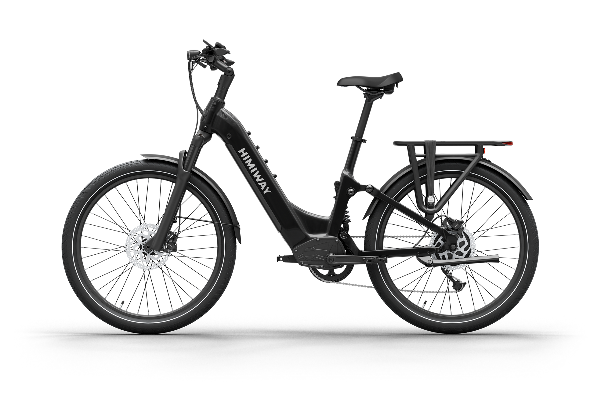 The Himiway A7, by Himiway, features a sleek black step-through frame, front suspension, and rear cargo rack. Its 500W hub motor and long-range battery are ideal for extended rides on any terrain, all set against a pristine white backdrop.