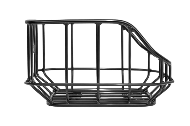 The HeyBike Rear Basket - Himiway is a black metal wire bike basket with a slanted open top and vertical bars, shown from the side against a white background—perfect for carrying groceries with its spacious capacity.
