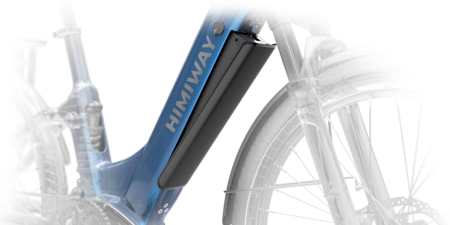 Close-up of the Himiway - A7 Electric Bike frame in blue, highlighting the black battery on the downtube against a white background.