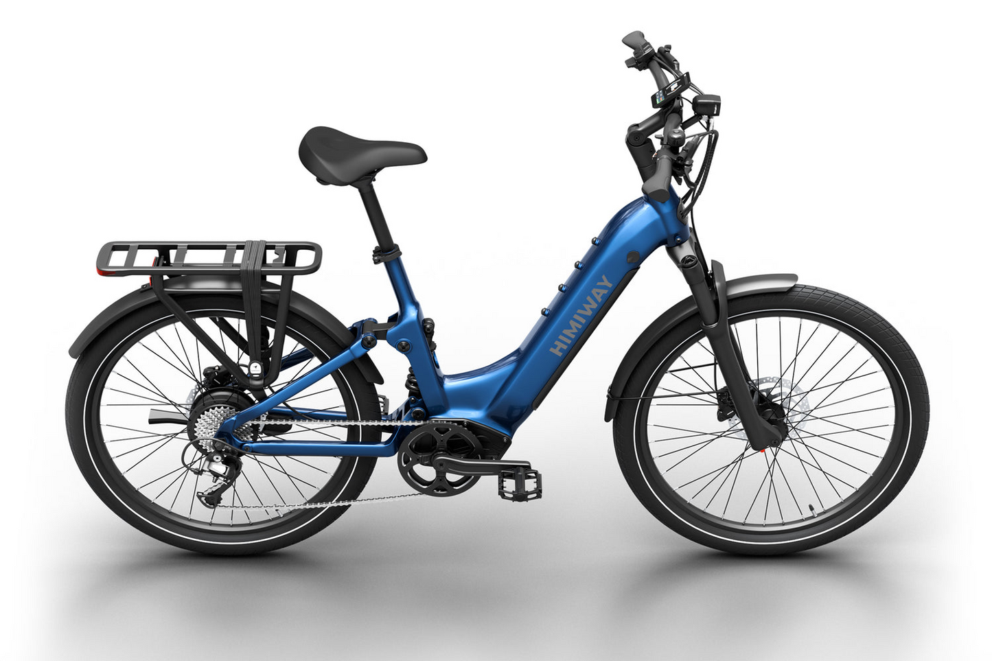 The Himiway - A7 Electric Bike includes dual coil suspension, a powerful hub motor, and a step-through frame. Its blue finish and rear cargo rack add versatility, making it ideal for any journey.