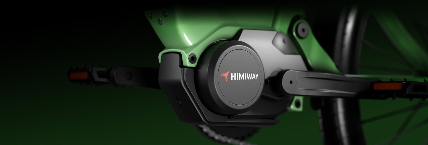 Close-up of a Himiway A7 Pro electric bike mid-drive motor and part of the rear wheel, set against a dark green background.