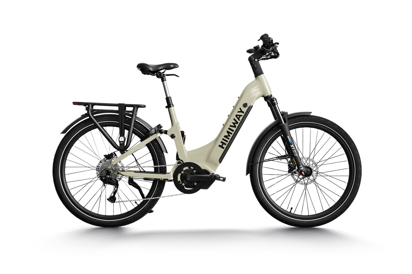 A beige Himiway A7 Pro electric bicycle with a step-through frame, mounted battery, rear rack, and black wheels, isolated on a white background.