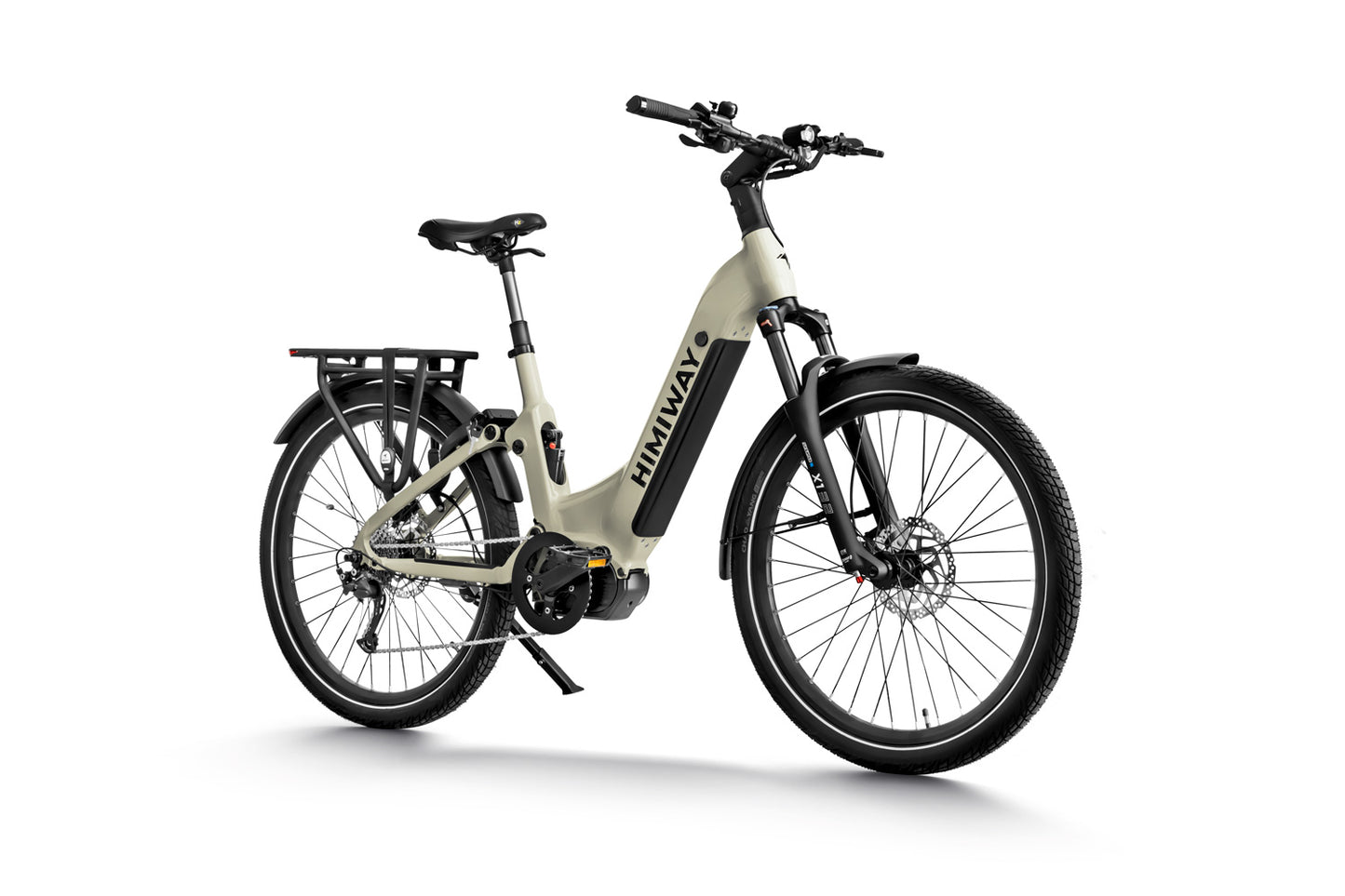 An electric bicycle, the Himiway A7 Pro, with a beige frame, a rear rack, and black tires, displayed against a white background.