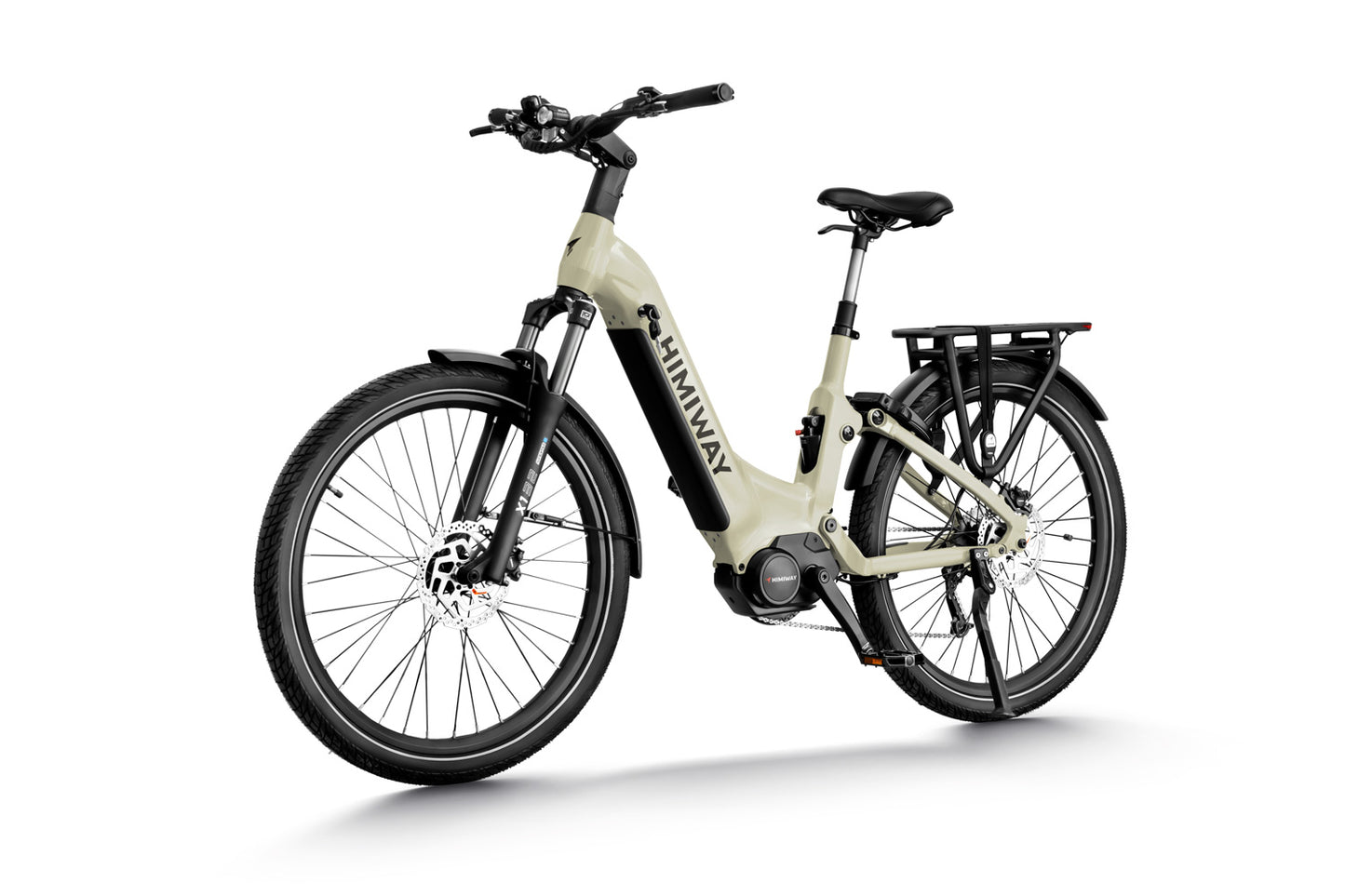 Himiway - A7 Pro electric bicycle with a beige frame, displayed on a white background, featuring a black seat, handlebars, and mid-drive motor.