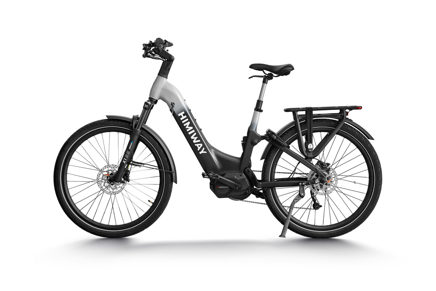 Electric bicycle isolated on white background, featuring a gray frame with the brand "Himiway A7 Pro" on the downtube, equipped with a rear rack and black components.