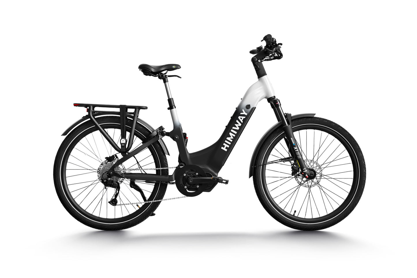 A white Himiway A7 Pro electric bicycle equipped with a rear carry rack, mounted on a white background.