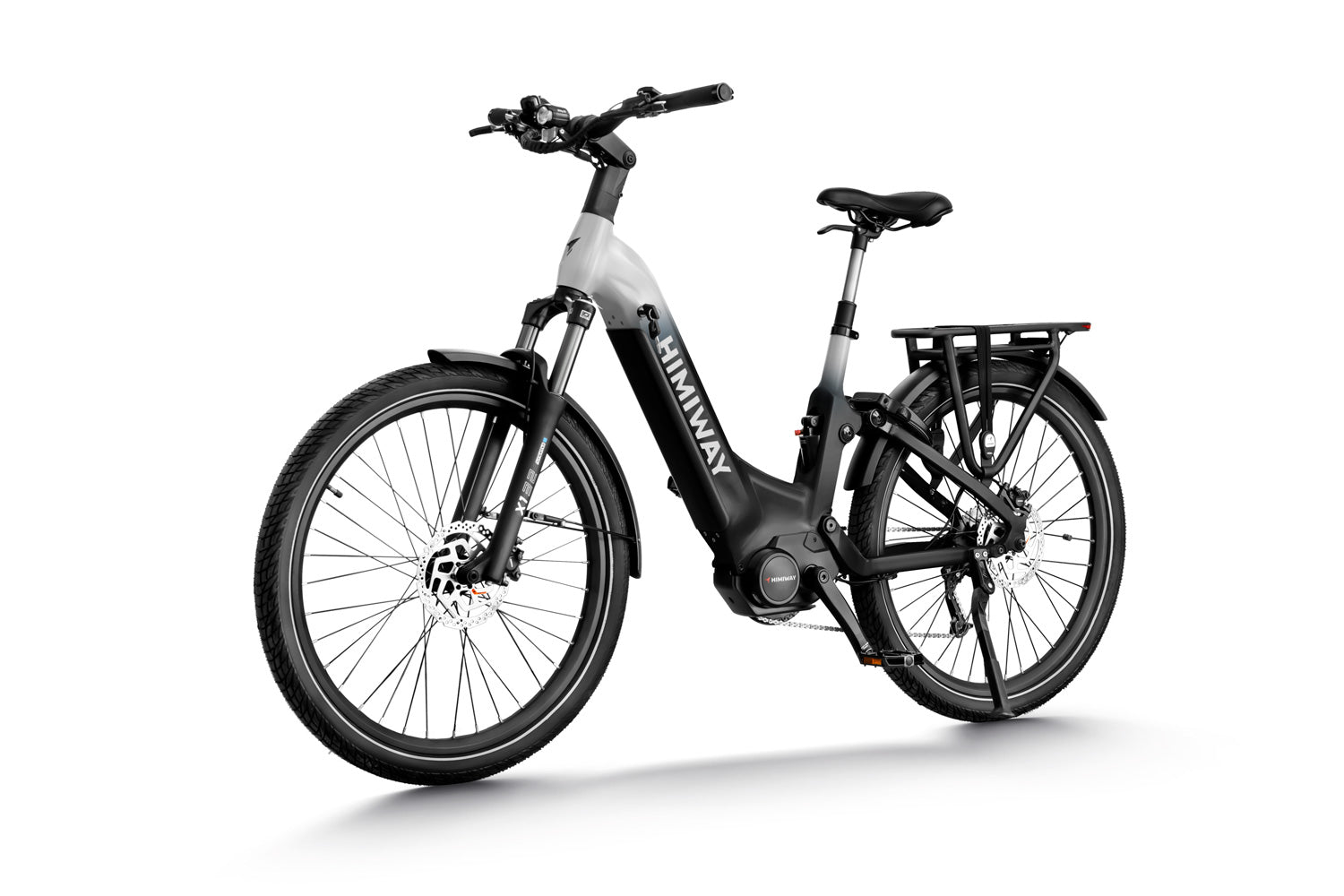 A modern electric bicycle, the Himiway A7 Pro by Himiway, with a sleek black and white frame, equipped with a rear cargo rack and thick tires, isolated on a white background.