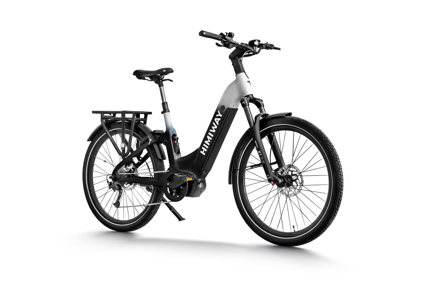 The Himiway - A7 Pro electric bicycle, from Himiway, with a black and gray frame standing on a white background, featuring front and back wheel fenders and a rear cargo rack.