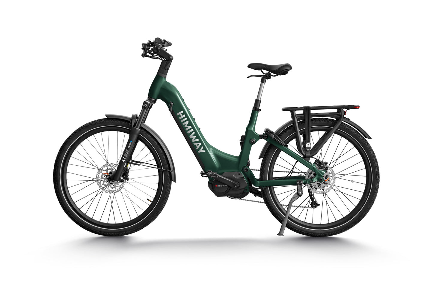 A green Himiway A7 Pro electric bicycle with fat tires, a rear rack, and a digital display, displayed on a white background.