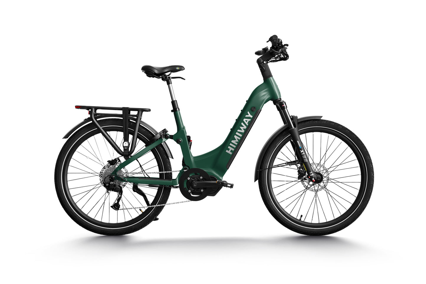 Sentence with replaced product name: Himiway A7 Pro electric bike with a step-through frame, mounted on a white background.