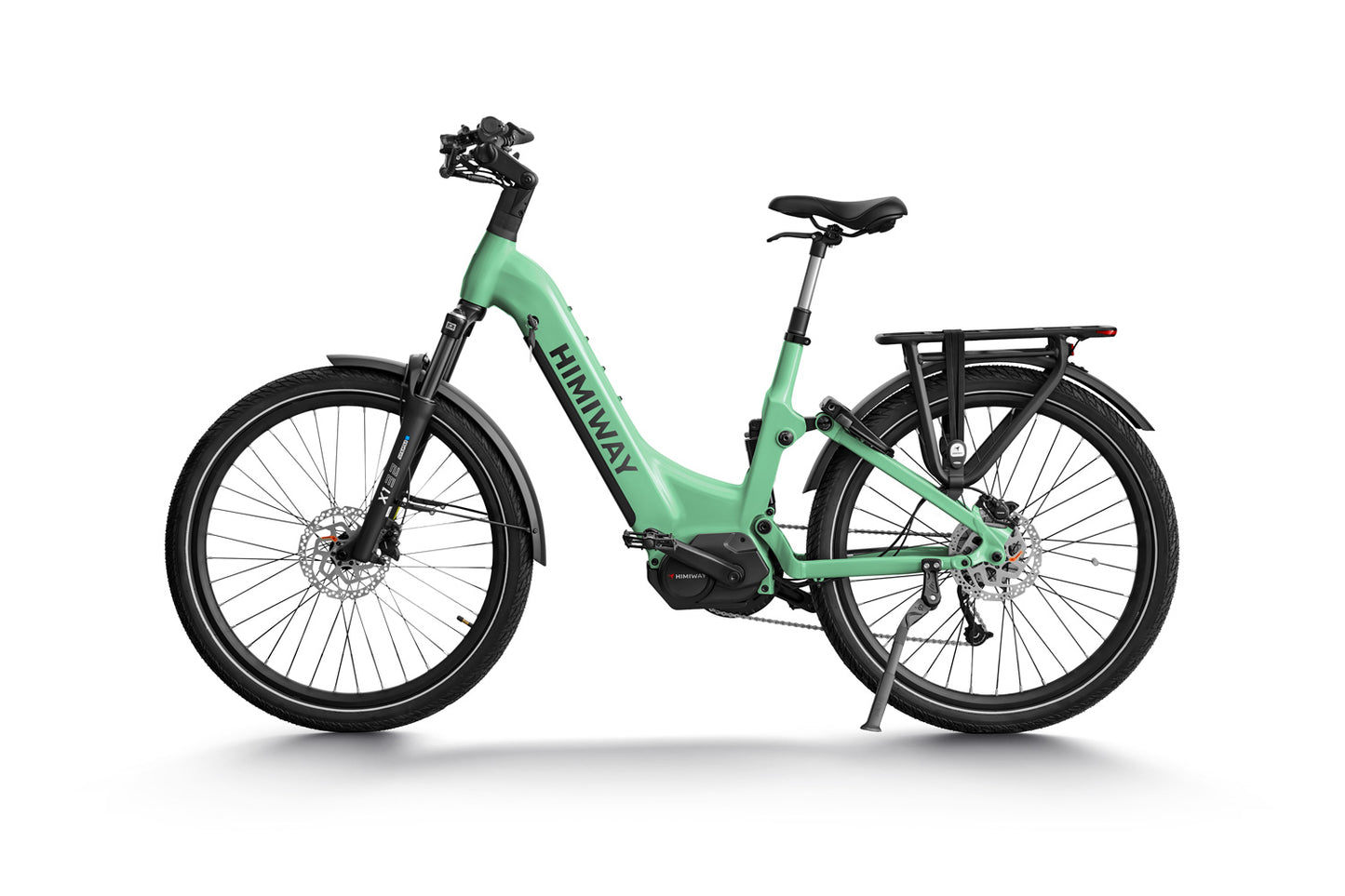 A mint green Himiway electric bike with thick tires, a rear cargo rack, and a center frame battery, isolated on a white background.