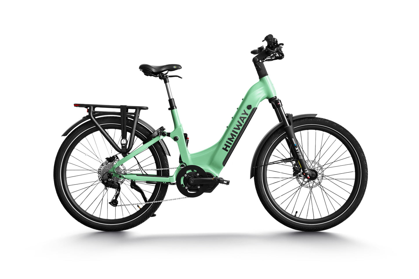 A mint green Himiway A7 Pro electric bicycle with a step-through frame, mounted battery, and rear carrier, displayed against a white background.