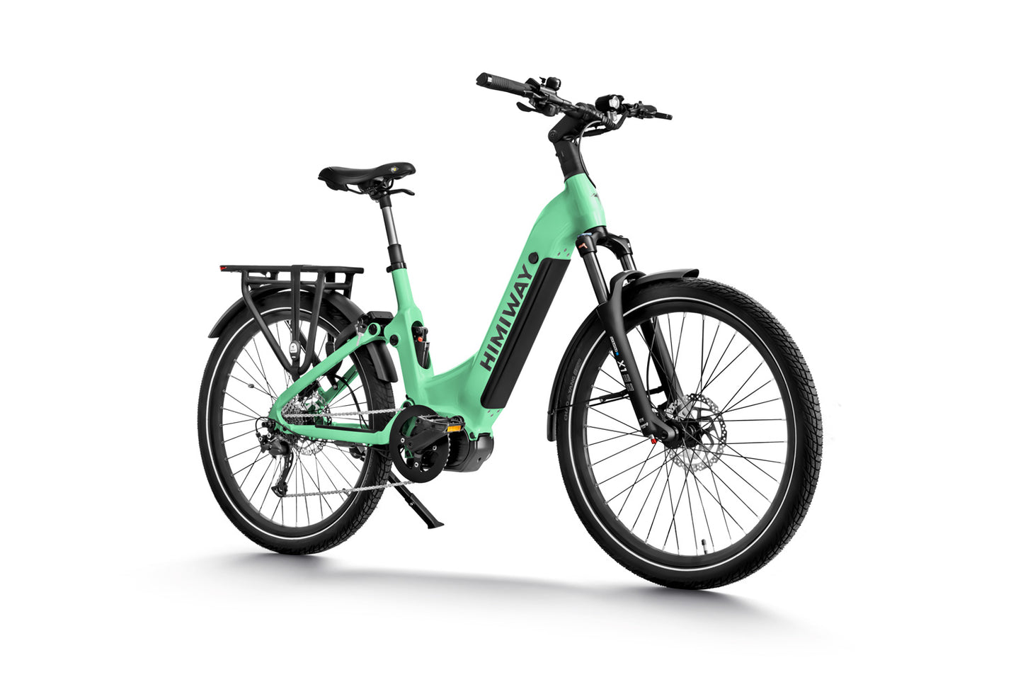 Himiway A7 Pro electric bicycle in teal color with Himiway branding, featuring a rear rack, displayed against a white background.