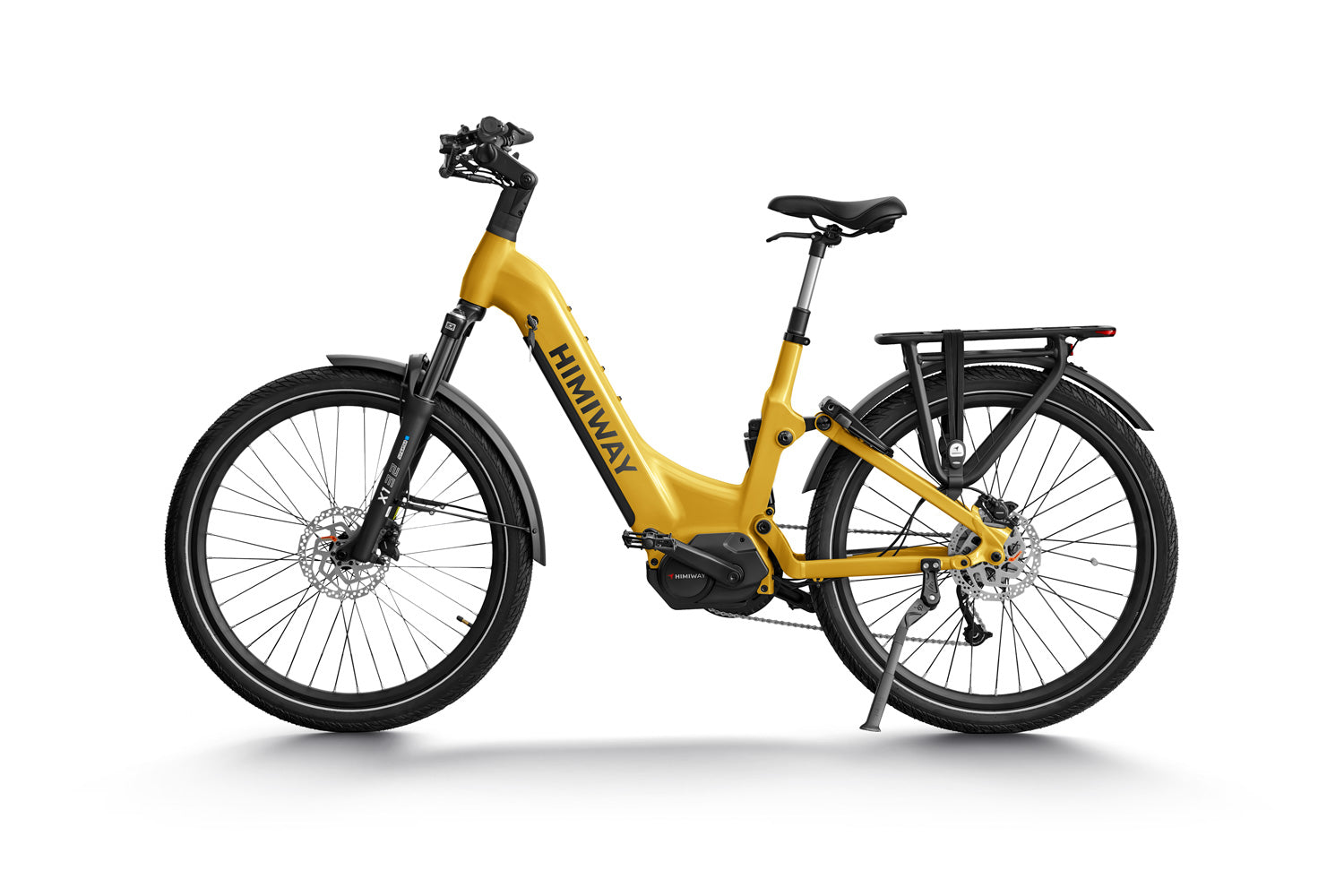 Yellow Himiway A7 Pro electric bicycle with black accents, positioned side-on, featuring a mounted mid-drive motor, rear rack, and digital display, isolated on a white background.