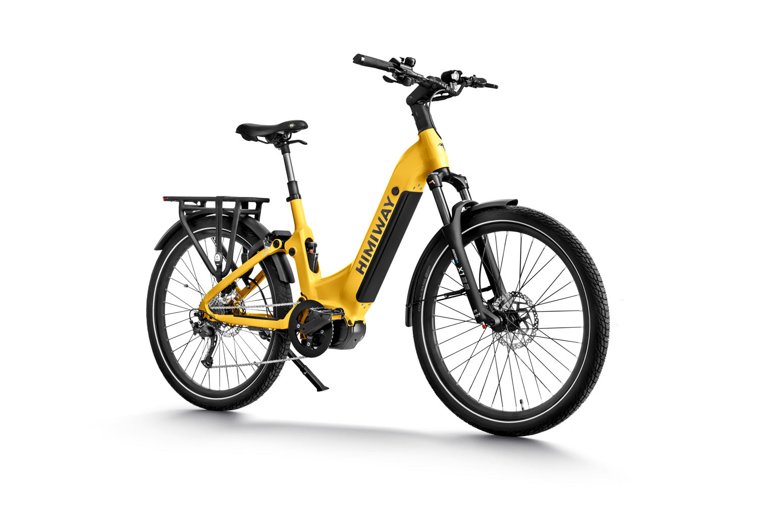 Yellow Himiway - A7 Pro electric bike with a mid-drive motor and rear cargo rack, displayed on a white background.